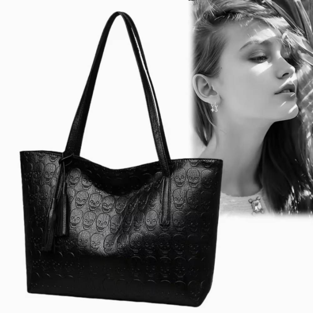 Women's PU Leather Skull Gothic Style Tasse Large Capacity Tote Shoulder Purse - Picture 4 of 10